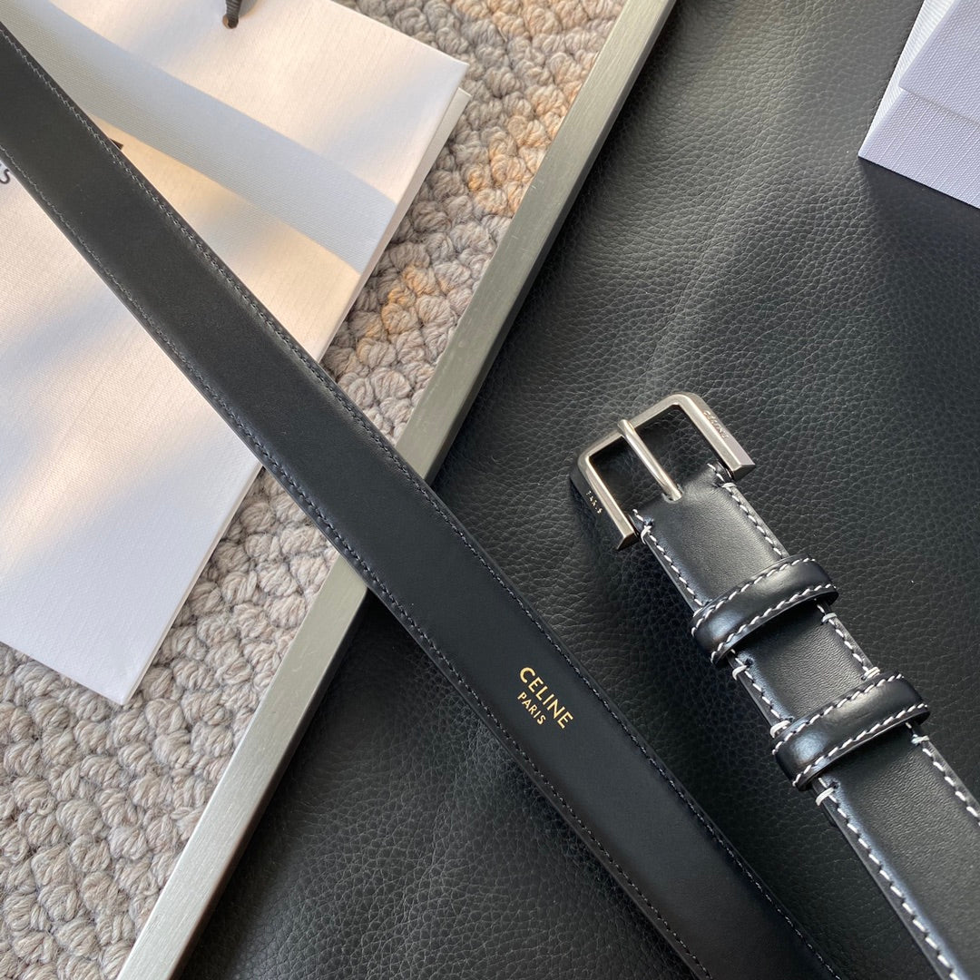 BELT 25MM IN BLACK REVERSIBLE ITALIAN CALFSKIN WITH VINTAGE SILVER BUCKLE WHITE STITCHING - 30