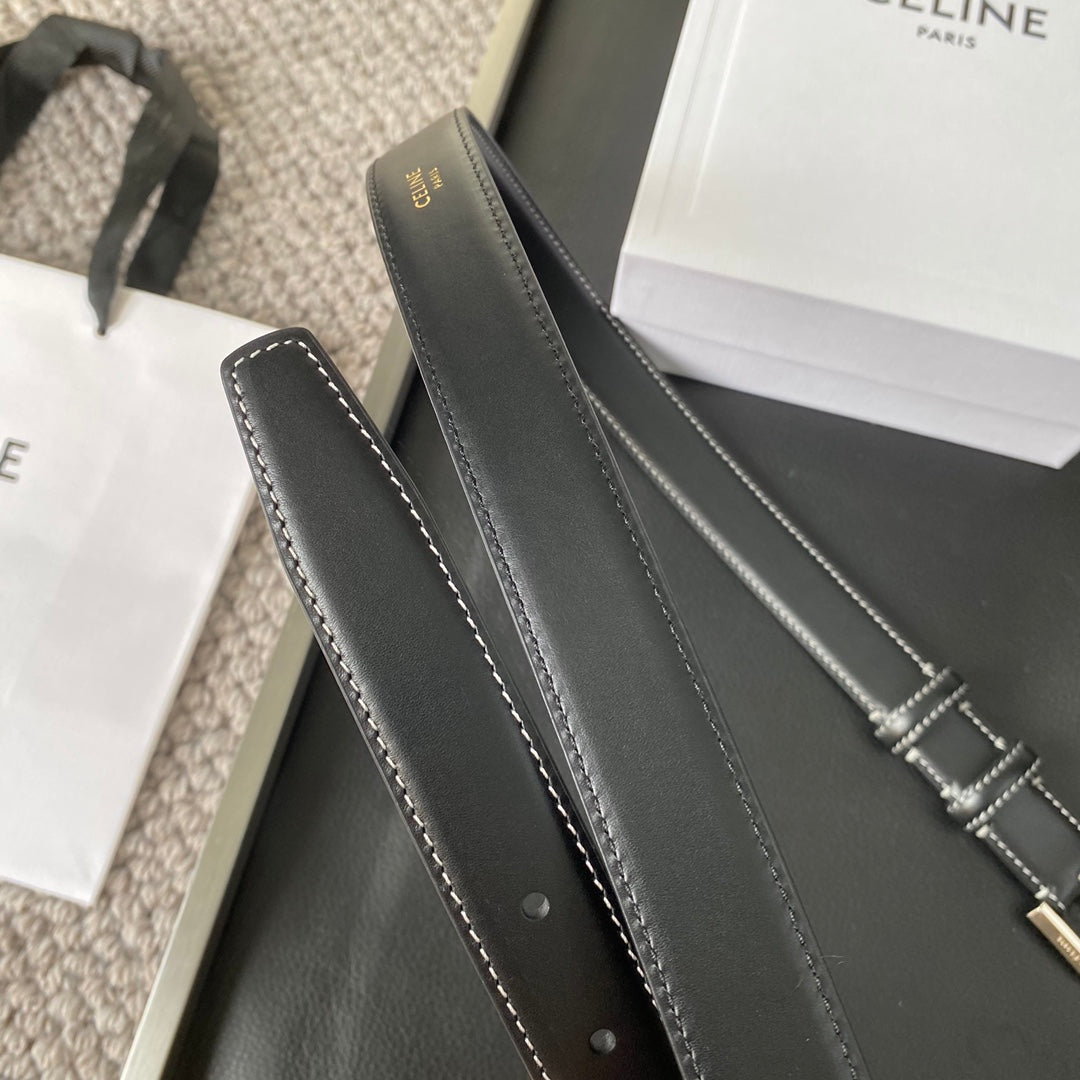 BELT 25MM IN BLACK REVERSIBLE ITALIAN CALFSKIN WITH VINTAGE SILVER BUCKLE WHITE STITCHING - 30