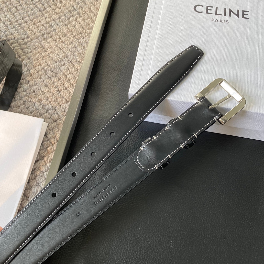 BELT 25MM IN BLACK REVERSIBLE ITALIAN CALFSKIN WITH VINTAGE SILVER BUCKLE WHITE STITCHING - 30