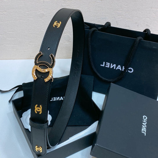 CC BELT 30MM IN BLACK SMOOTH CALFSKIN GOLD MIX BLACK HARDWARE - 30