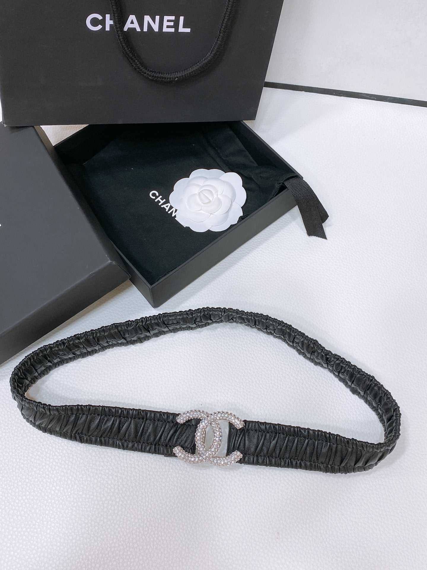CC ELASTIC BELT 30MM IN BLACK CALFSKIN SILVER HARDWARE WITH RHINSTONES - 30