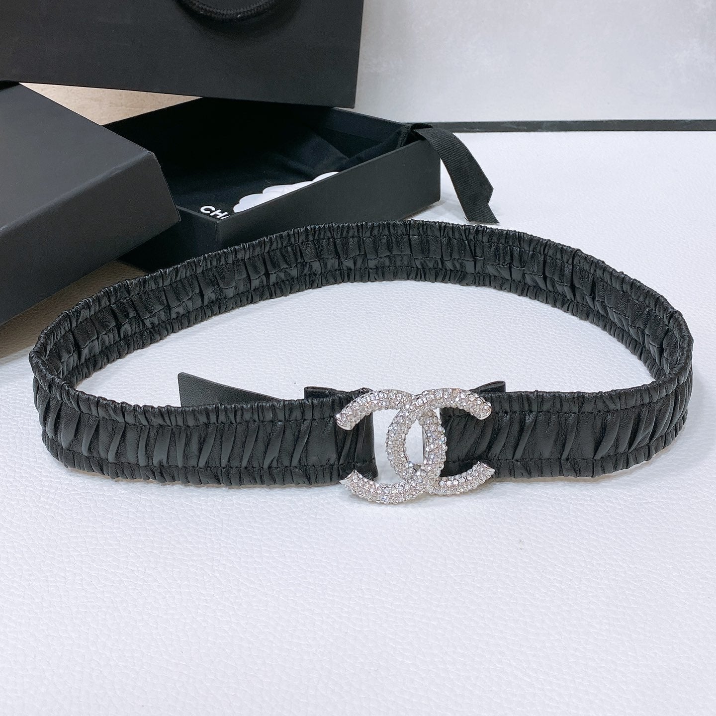 CC ELASTIC BELT 30MM IN BLACK CALFSKIN SILVER HARDWARE WITH RHINSTONES - 30
