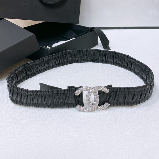 CC ELASTIC BELT 30MM IN BLACK CALFSKIN SILVER HARDWARE WITH RHINSTONES - 30