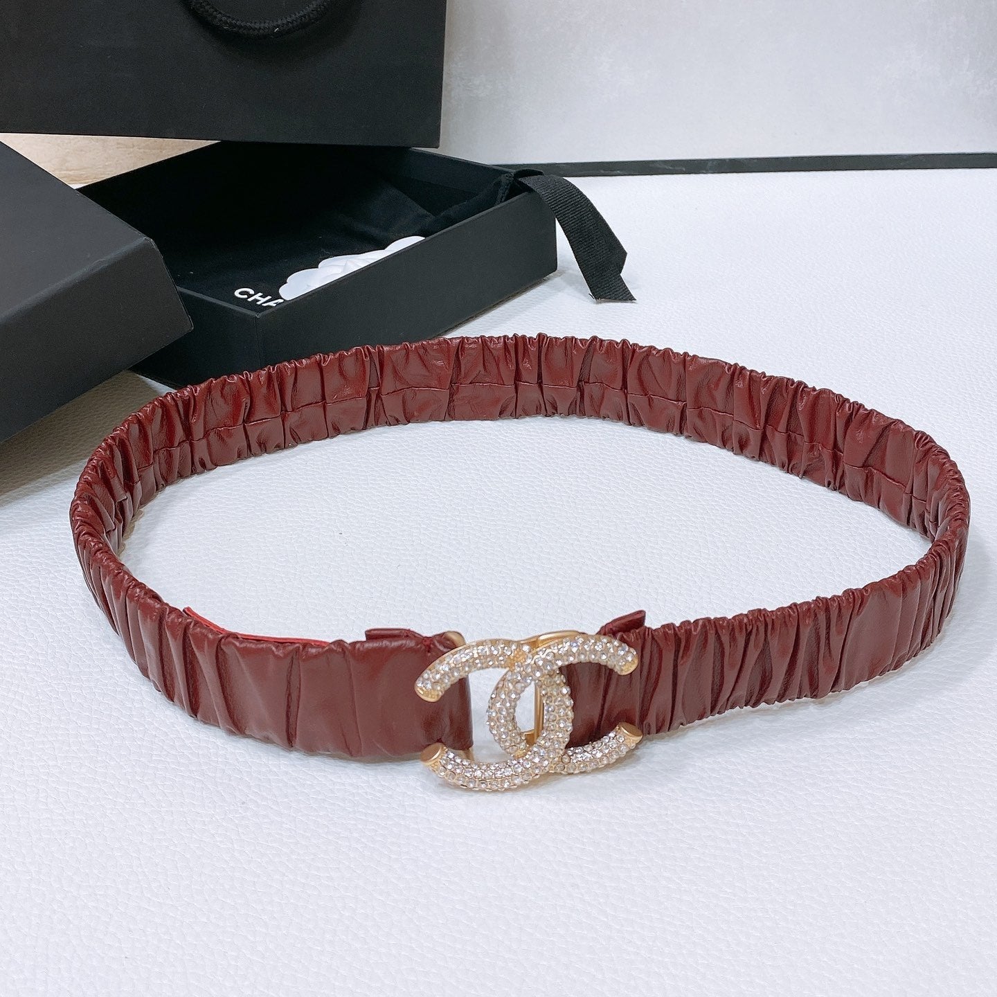 CC ELASTIC BELT 30MM IN WINE RED CALFSKIN GOLD HARDWARE WITH RHINSTONES - 30