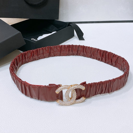 CC ELASTIC BELT 30MM IN WINE RED CALFSKIN GOLD HARDWARE WITH RHINSTONES - 30