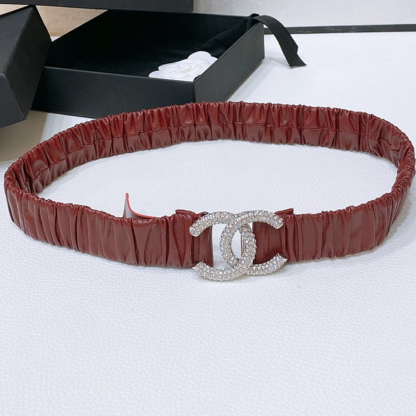 CC ELASTIC BELT 30MM IN WINE RED CALFSKIN SILVER HARDWARE WITH RHINSTONES - 30