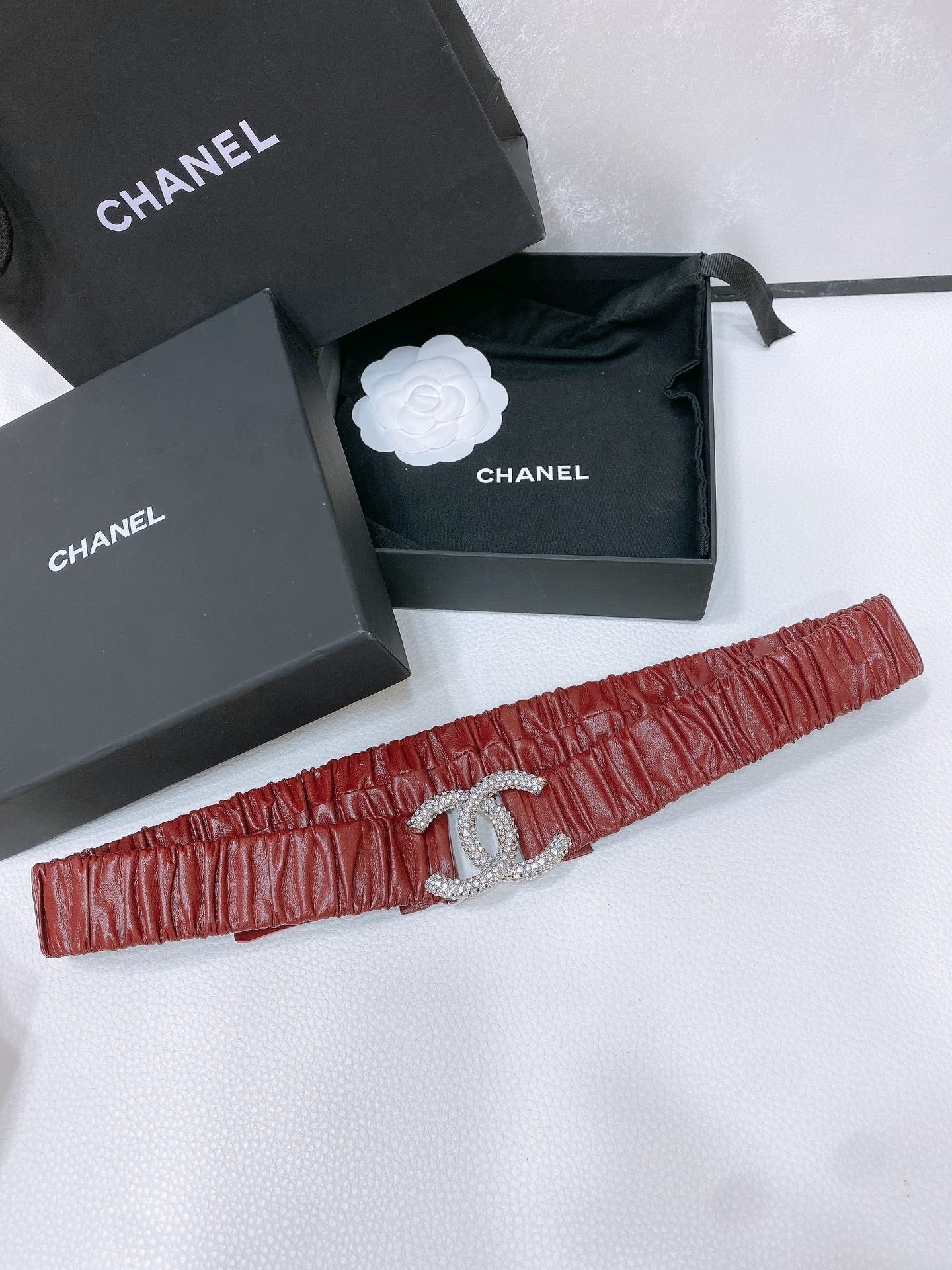 CC ELASTIC BELT 30MM IN WINE RED CALFSKIN SILVER HARDWARE WITH RHINSTONES - 30