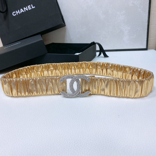 CC ELASTIC BELT 30MM IN GOLD CALFSKIN SILVER HARDWARE WITH RHINSTONES - 30
