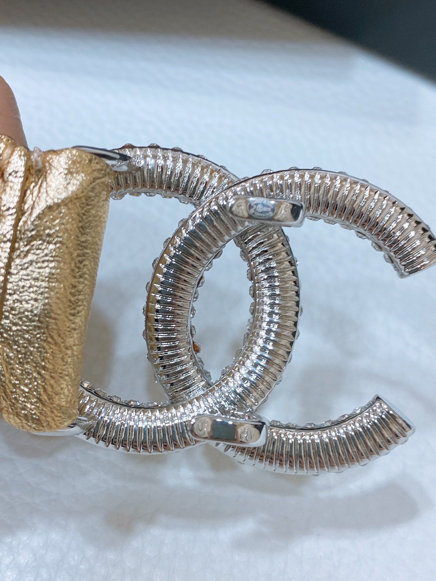 CC ELASTIC BELT 30MM IN GOLD CALFSKIN SILVER HARDWARE WITH RHINSTONES - 30