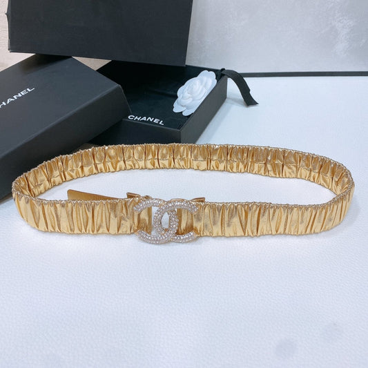 CC ELASTIC BELT 30MM IN GOLD CALFSKIN GOLD HARDWARE WITH RHINSTONES - 30