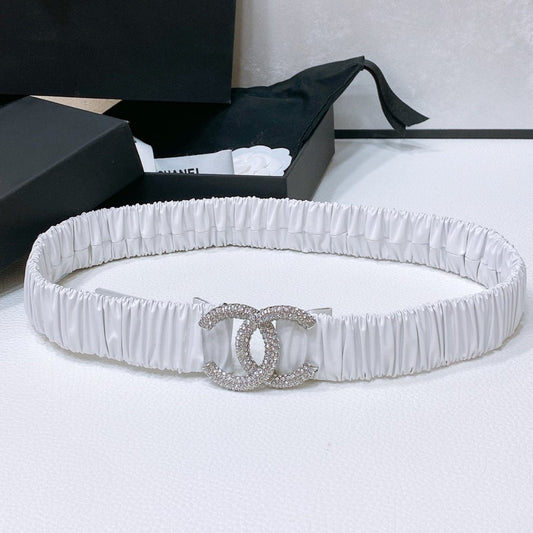 CC ELASTIC BELT 30MM IN WHITE CALFSKIN SILVER HARDWARE WITH RHINSTONES - 30