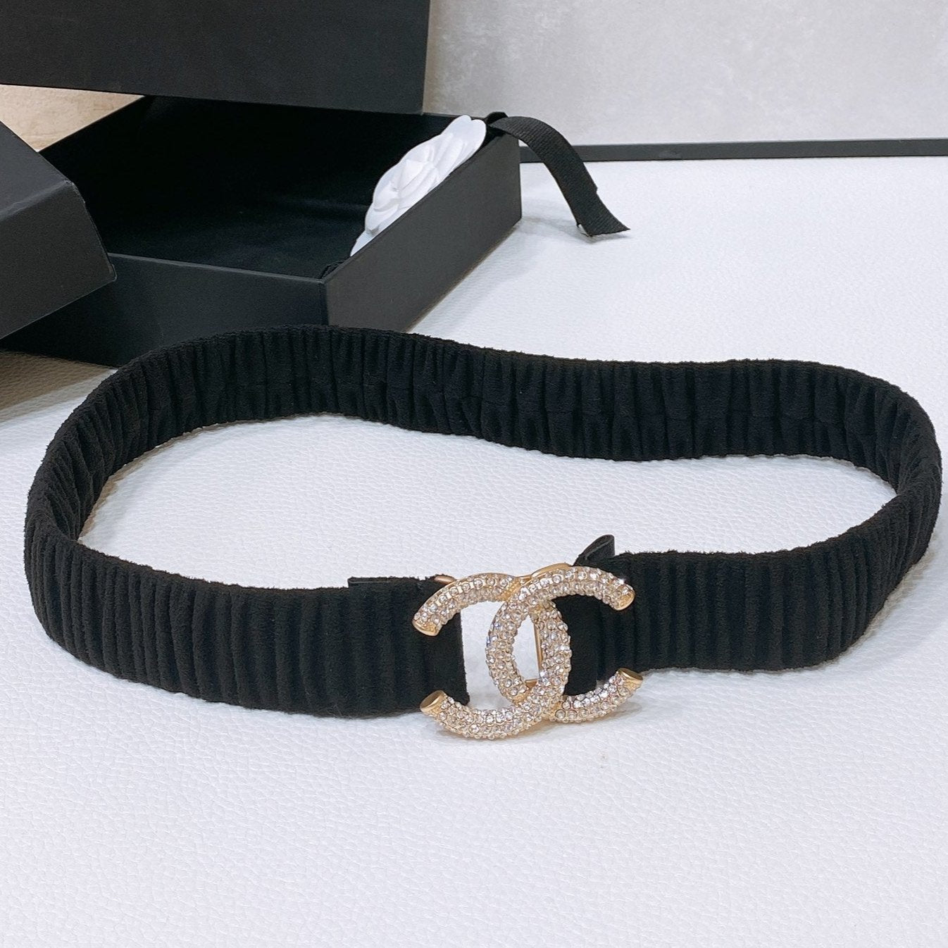 CC ELASTIC BELT 30MM IN BLACK WOOL FABRIC GOLD HARDWARE WITH RHINSTONES - 30