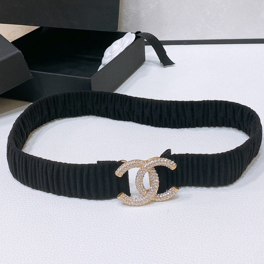 CC ELASTIC BELT 30MM IN BLACK WOOL FABRIC GOLD HARDWARE WITH RHINSTONES - 30