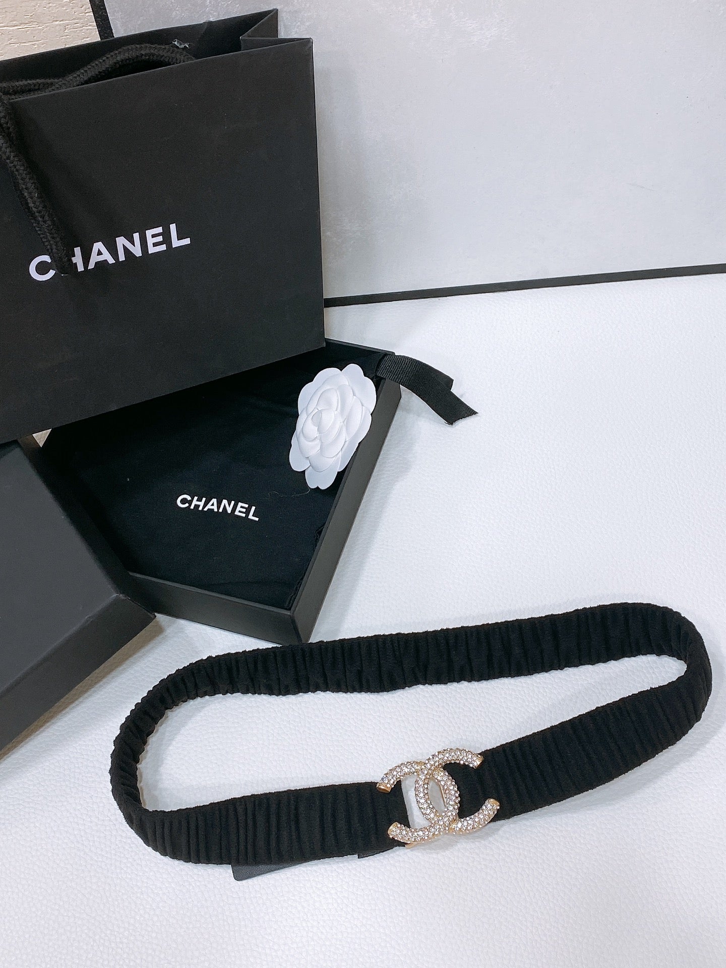 CC ELASTIC BELT 30MM IN BLACK WOOL FABRIC GOLD HARDWARE WITH RHINSTONES - 30