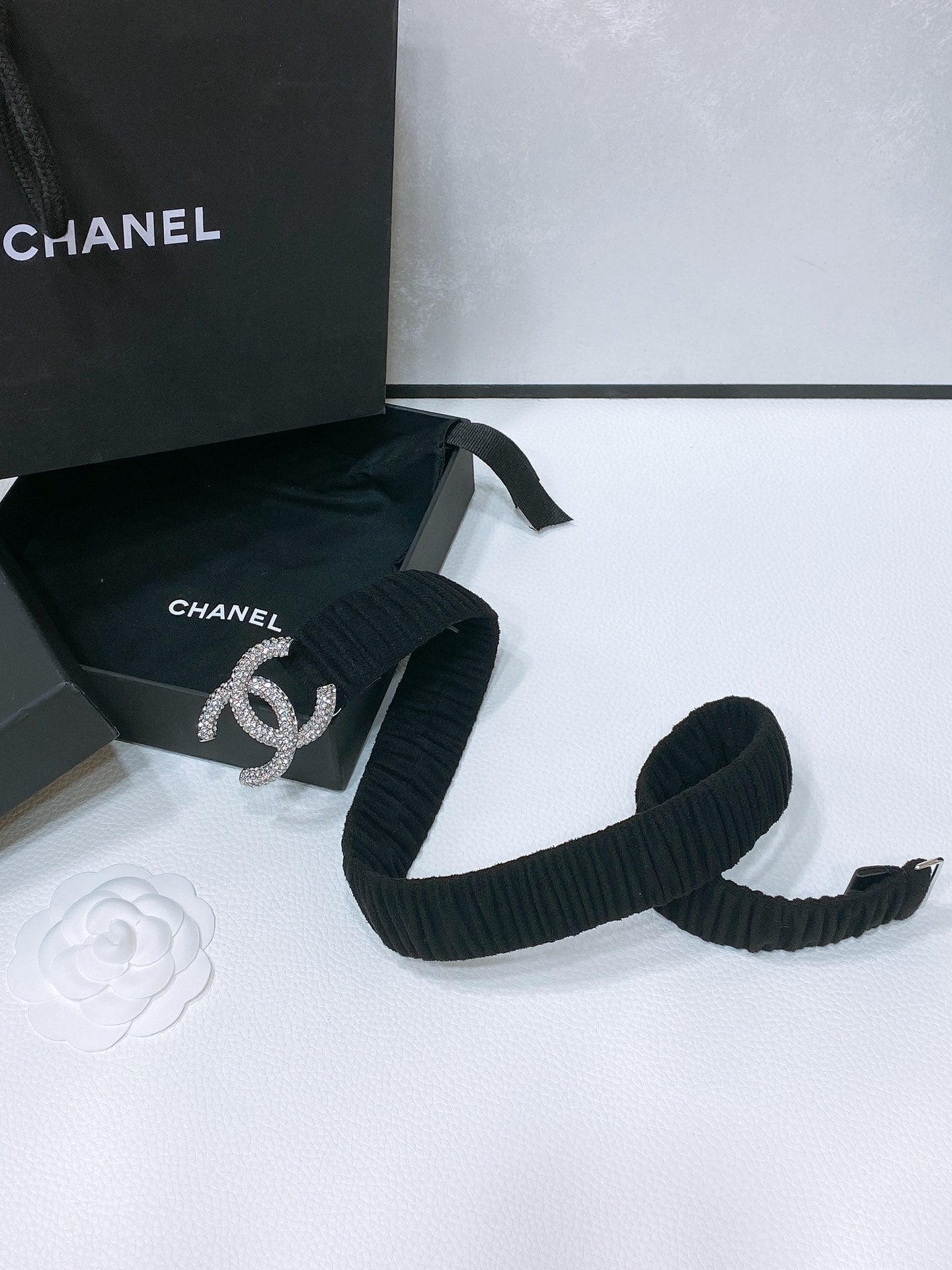 CC ELASTIC BELT 30MM IN BLACK WOOL FABRIC SILVER HARDWARE WITH RHINSTONES - 30