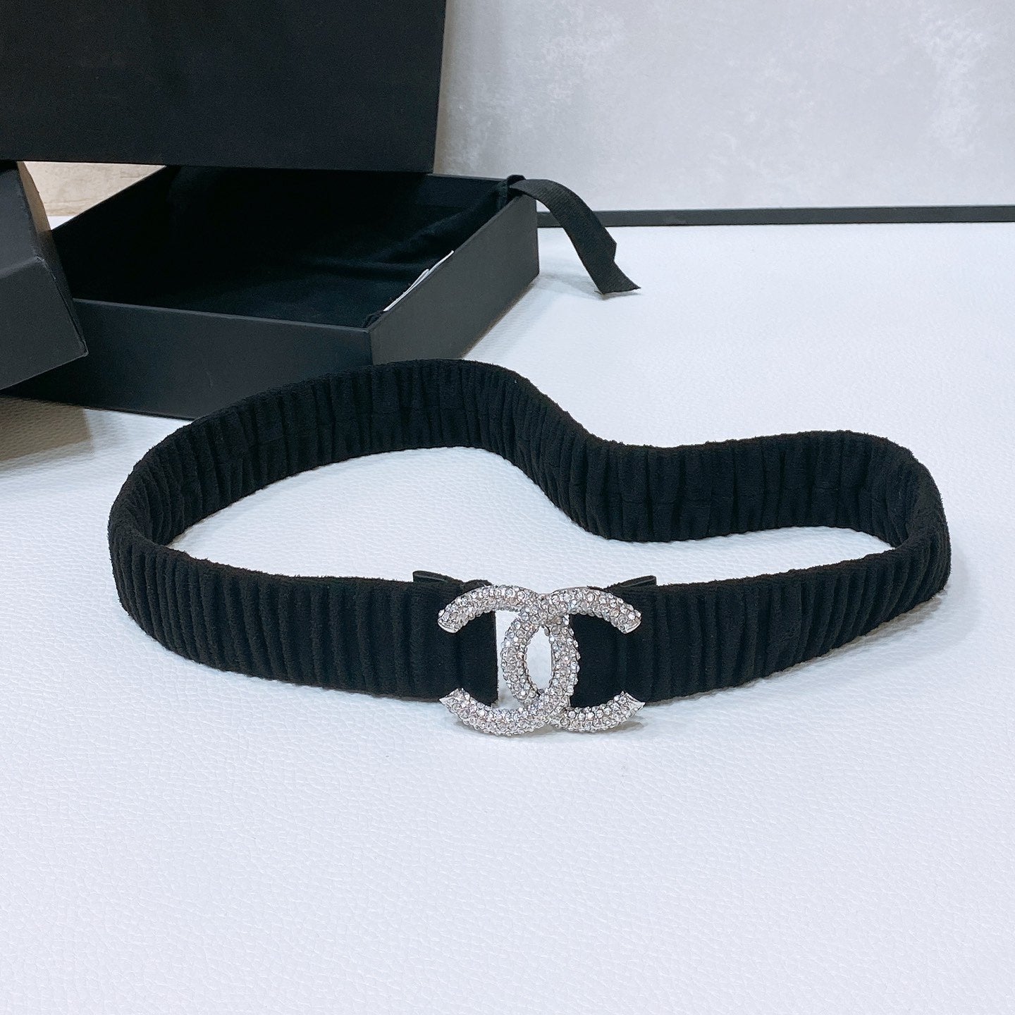 CC ELASTIC BELT 30MM IN BLACK WOOL FABRIC SILVER HARDWARE WITH RHINSTONES - 30