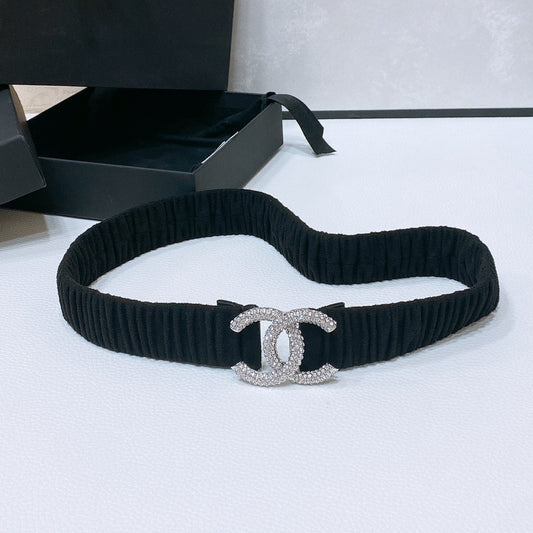 CC ELASTIC BELT 30MM IN BLACK WOOL FABRIC SILVER HARDWARE WITH RHINSTONES - 30