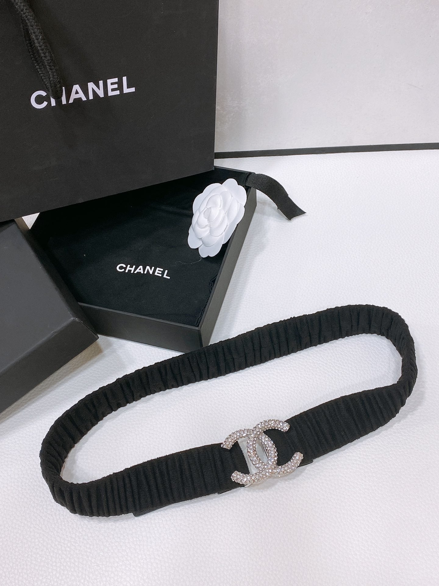 CC ELASTIC BELT 30MM IN BLACK WOOL FABRIC SILVER HARDWARE WITH RHINSTONES - 30
