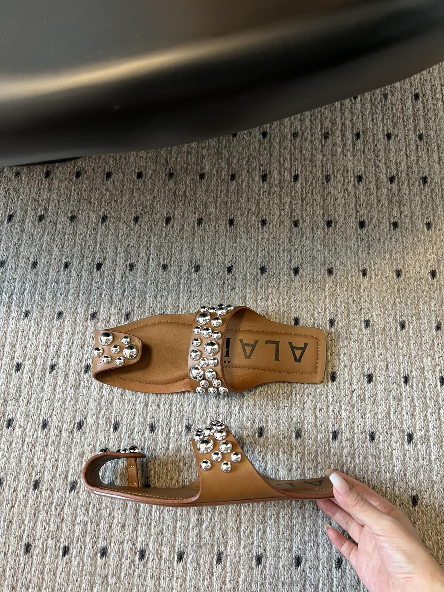 ALAIA FOLDED FLAT MULES WITH SPHERES ON COPPER BROWN CALFSKIN - 35