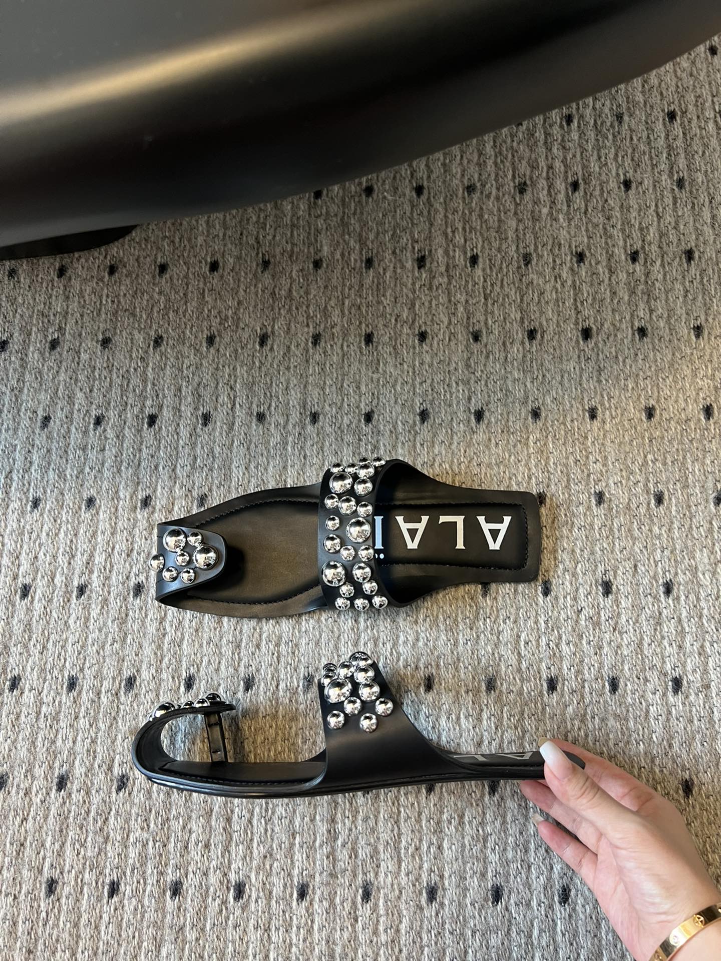 ALAIA FOLDED FLAT MULES WITH SPHERES ON BLACK CALFSKIN - 35
