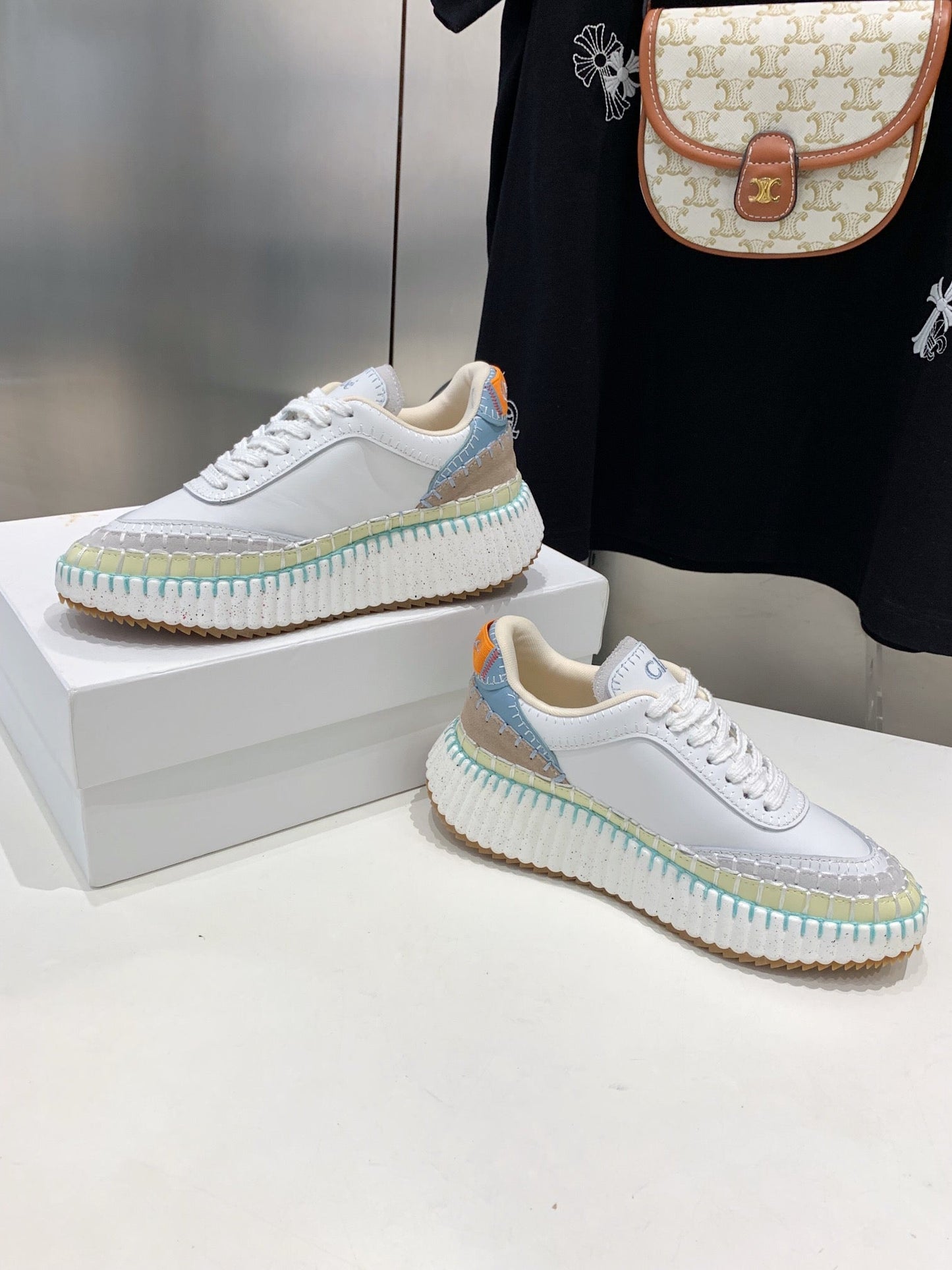 NAMA SNEAKER 5 CM IN WHITE MIX GREEN CALFSKIN - 35
