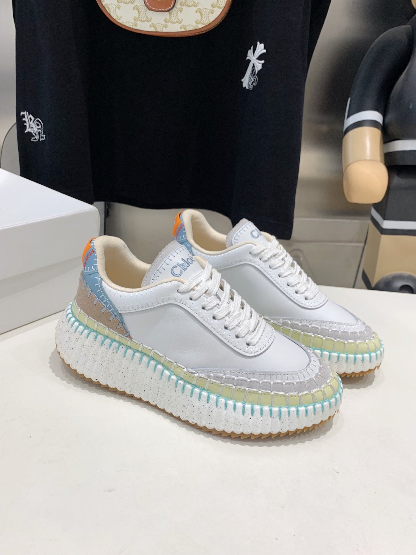 NAMA SNEAKER 5 CM IN WHITE MIX GREEN CALFSKIN - 35