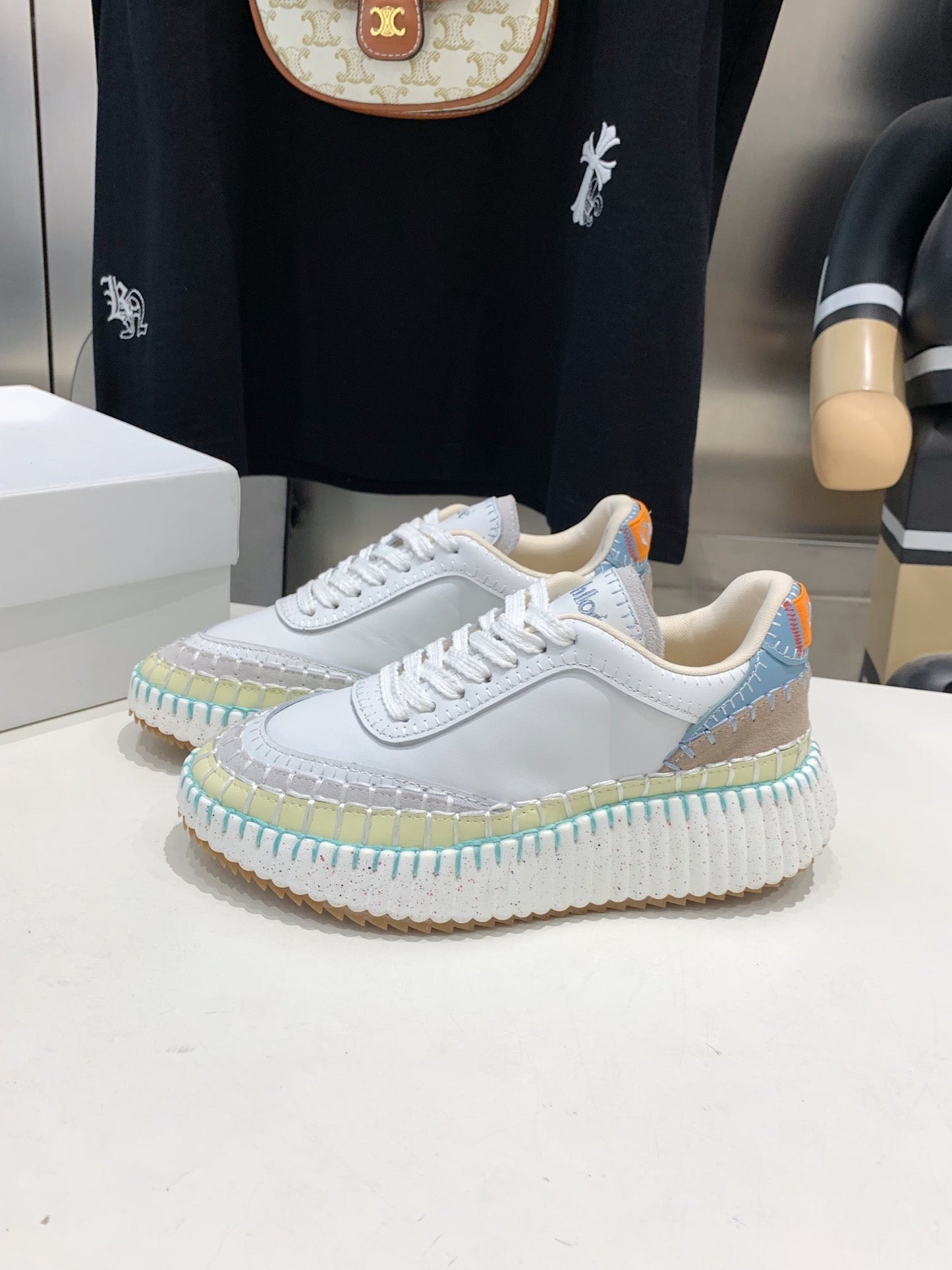 NAMA SNEAKER 5 CM IN WHITE MIX GREEN CALFSKIN - 35