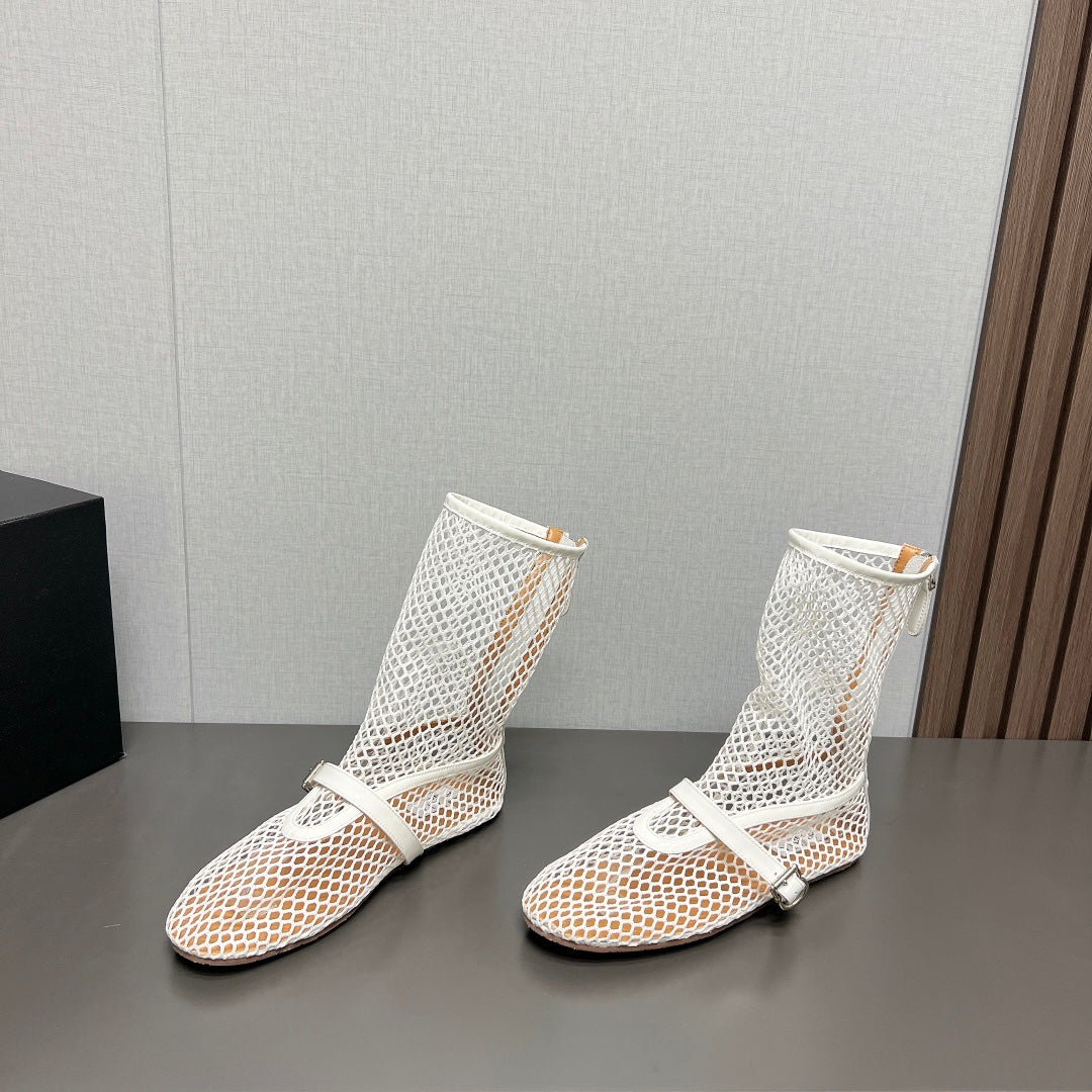ALAIA SHORT BOOTS IN WHITE MESH FISHNET - 35