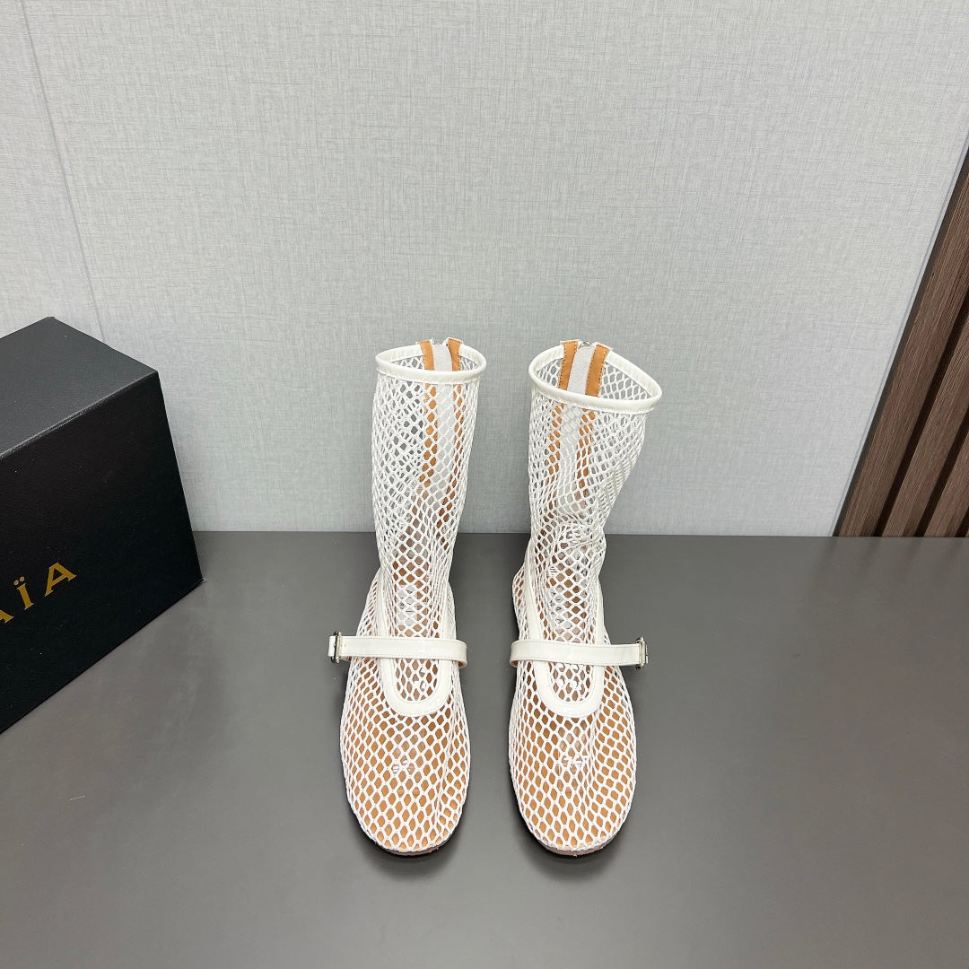 ALAIA SHORT BOOTS IN WHITE MESH FISHNET - 35