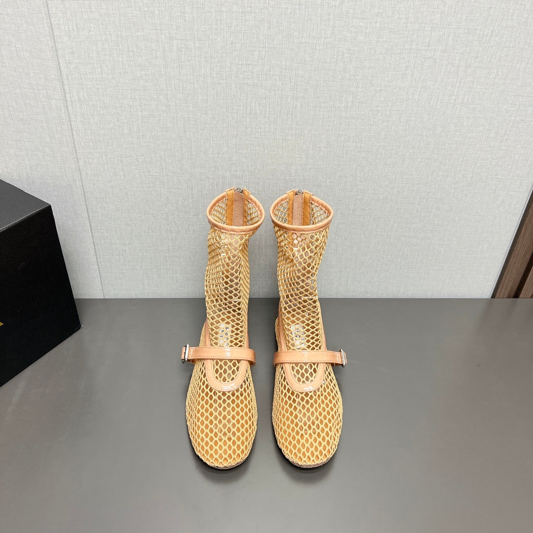 ALAIA SHORT BOOTS IN BEIGE MESH FISHNET - 35