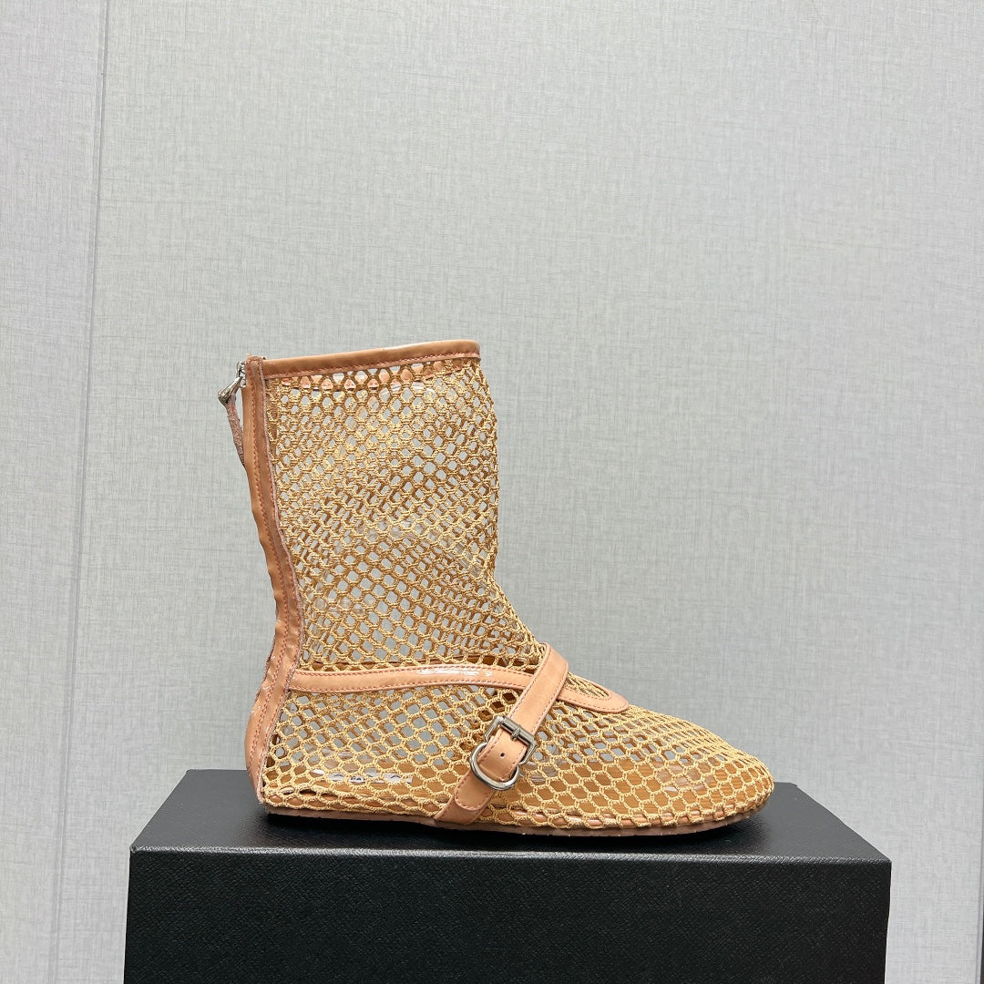 ALAIA SHORT BOOTS IN BEIGE MESH FISHNET - 35