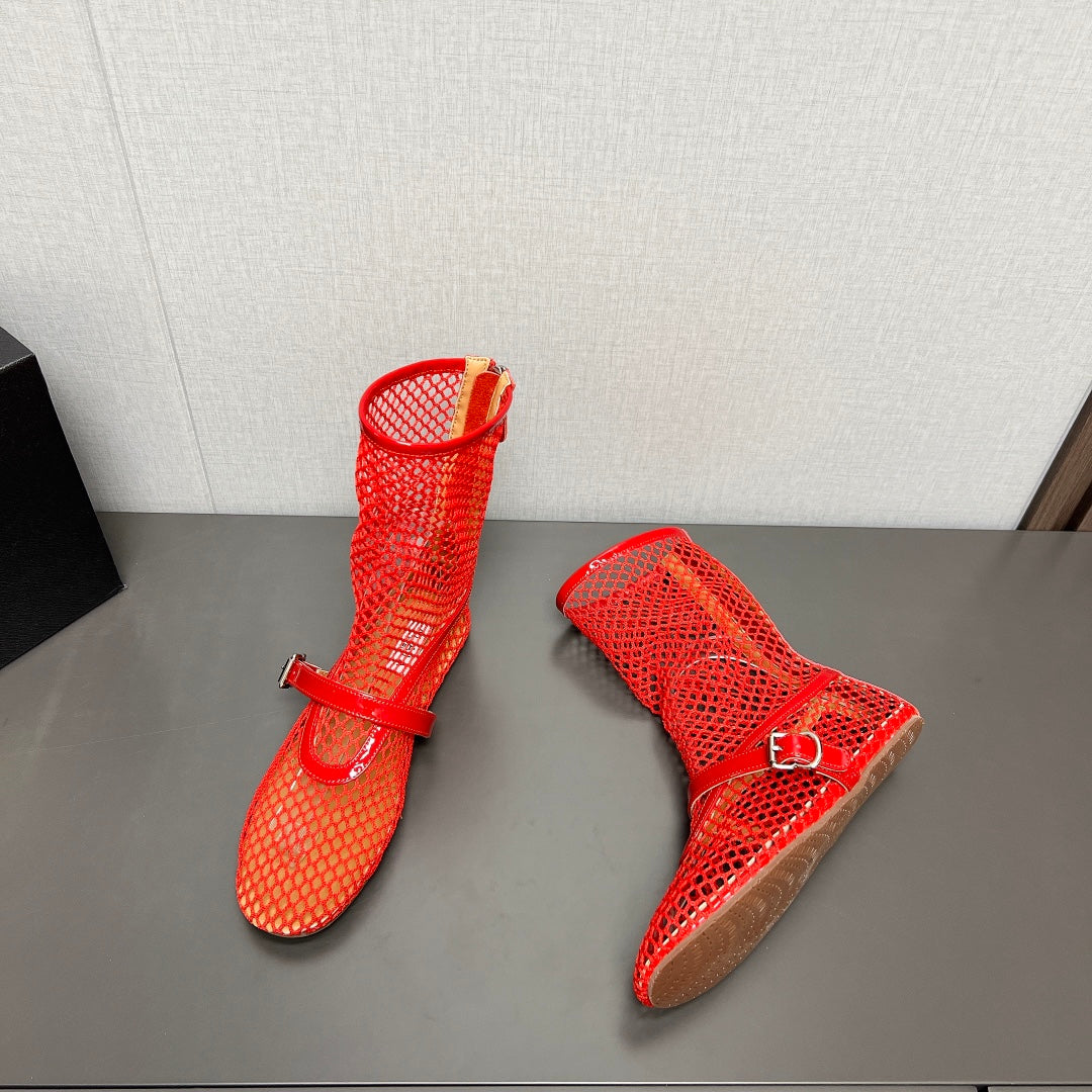 ALAIA SHORT BOOTS IN ORANGE RED MESH FISHNET - 35
