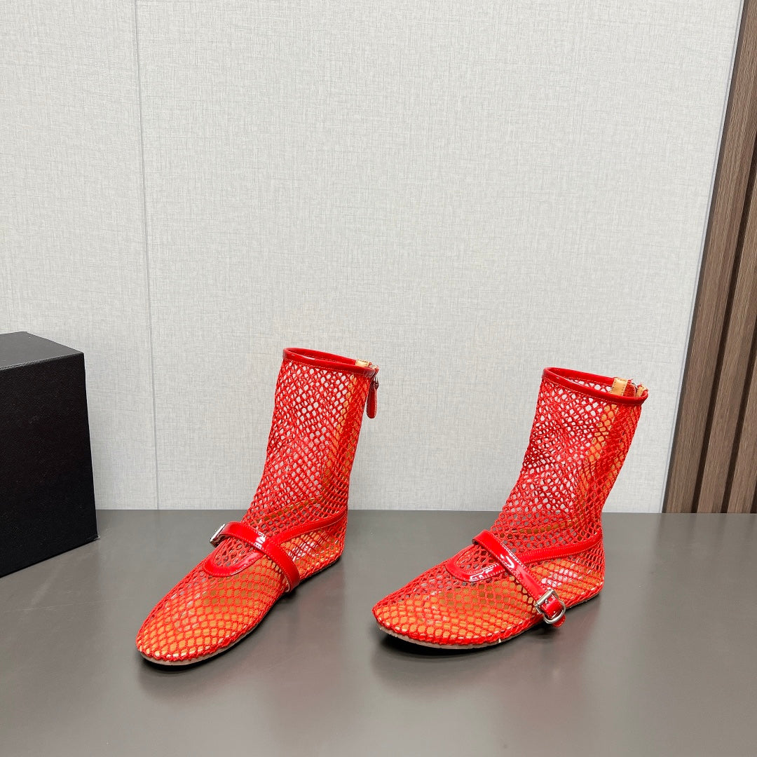 ALAIA SHORT BOOTS IN ORANGE RED MESH FISHNET - 35