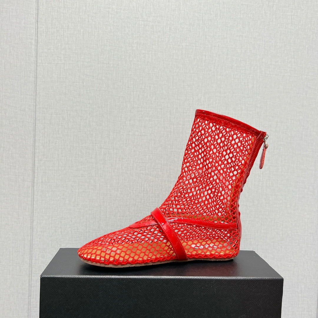 ALAIA SHORT BOOTS IN ORANGE RED MESH FISHNET - 35