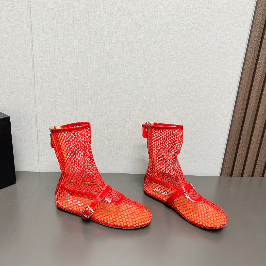ALAIA SHORT BOOTS IN ORANGE RED MESH FISHNET - 35