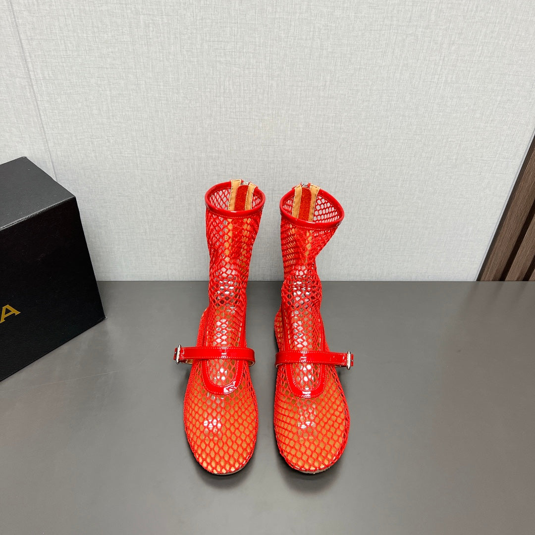 ALAIA SHORT BOOTS IN ORANGE RED MESH FISHNET - 35