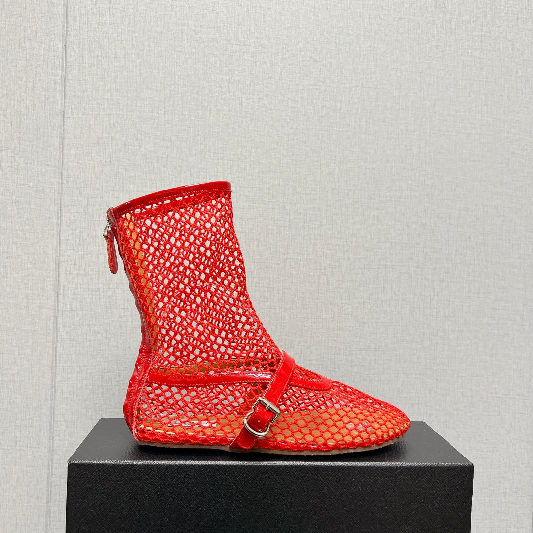 ALAIA SHORT BOOTS IN ORANGE RED MESH FISHNET - 35