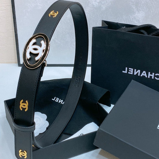 CC 30MM BELT IN BLACK SMOOTH CALFSKIN WHITE MIX BLACK METAL LOGO GOLD HARDWARE - 30