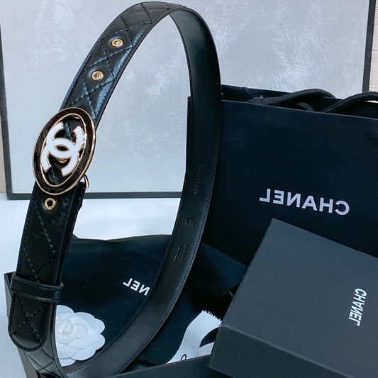 CC 30MM BELT IN BLACK EMBROIDERED CALFSKIN WHITE MIX BLACK METAL LOGO GOLD HARDWARE - 30