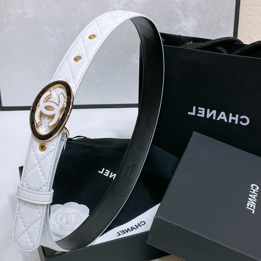 CC 30MM BELT IN WHITE EMBROIDERED CALFSKIN WHITE MIX BLACK METAL LOGO GOLD HARDWARE - 30