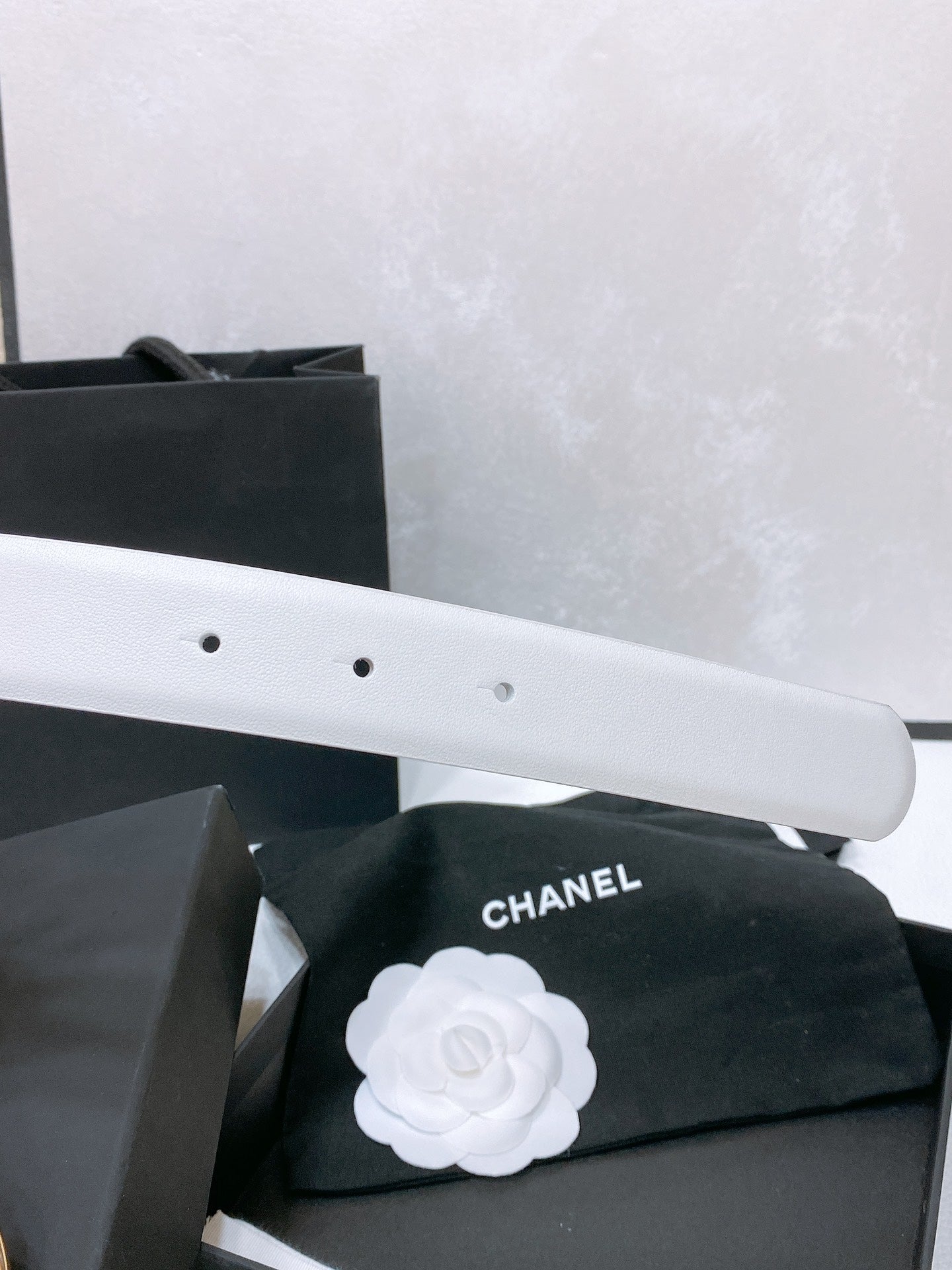 CC 30MM BELT IN WHITE SMOOTH CALFSKIN WHITE MIX BLACK METAL HARDWARE - 30