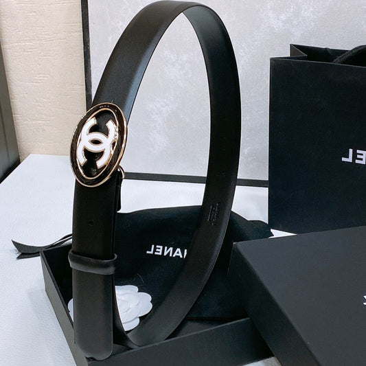 CC 30MM BELT IN BLACK SMOOTH CALFSKIN WHITE MIX BLACK METAL HARDWARE - 30