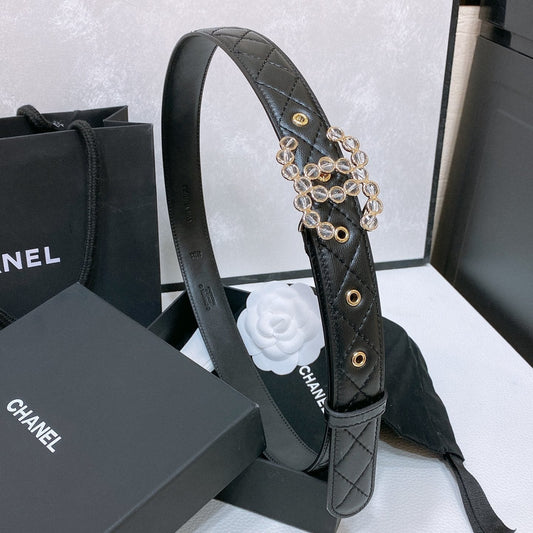 CC BELT 30 MM IN BLACK EMBROIDERED CALFSKIN PEARL LOGO WITH GOLD HARDWARE - 30