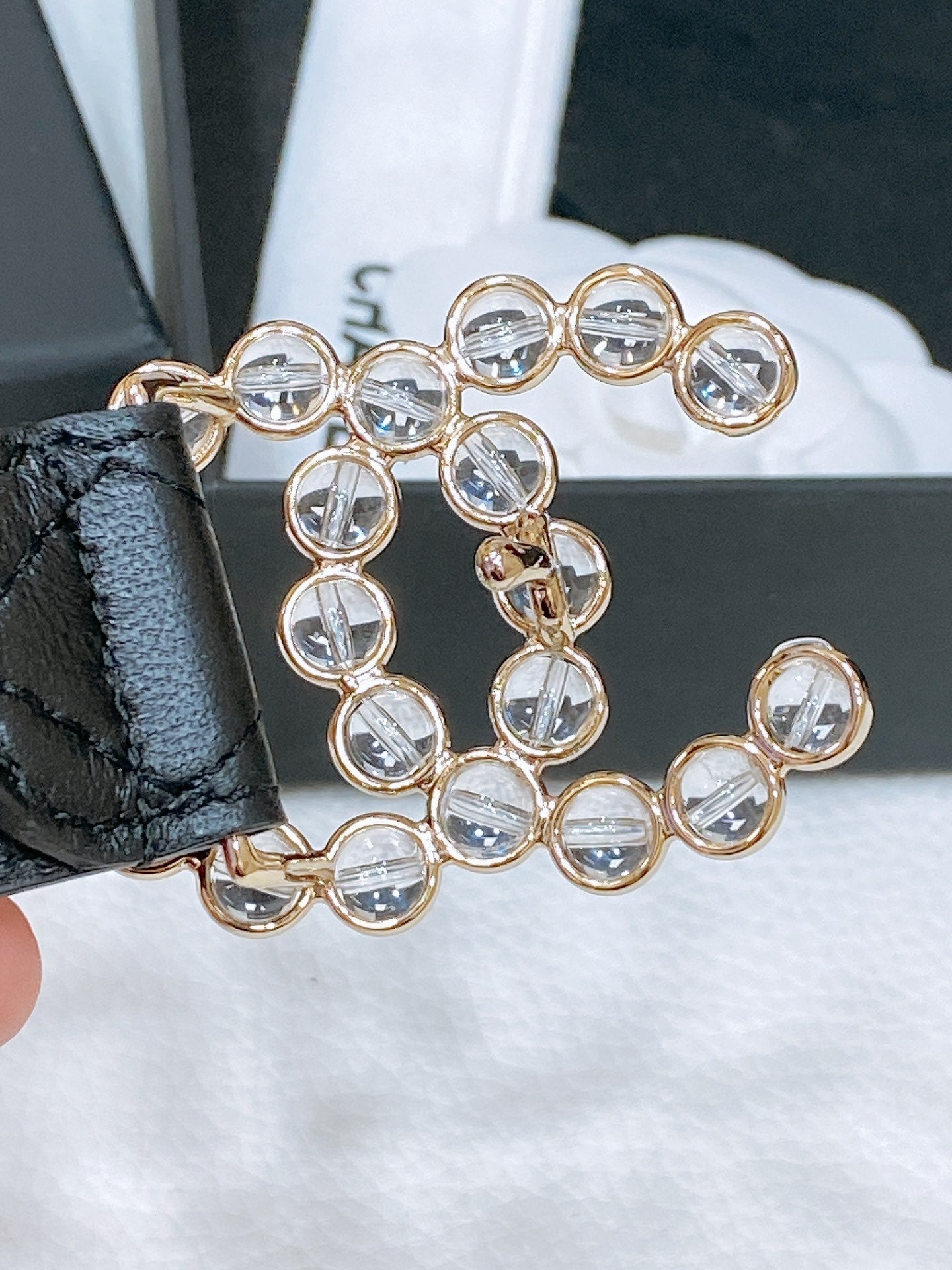 CC BELT 30 MM IN BLACK EMBROIDERED CALFSKIN PEARL LOGO WITH GOLD HARDWARE - 30