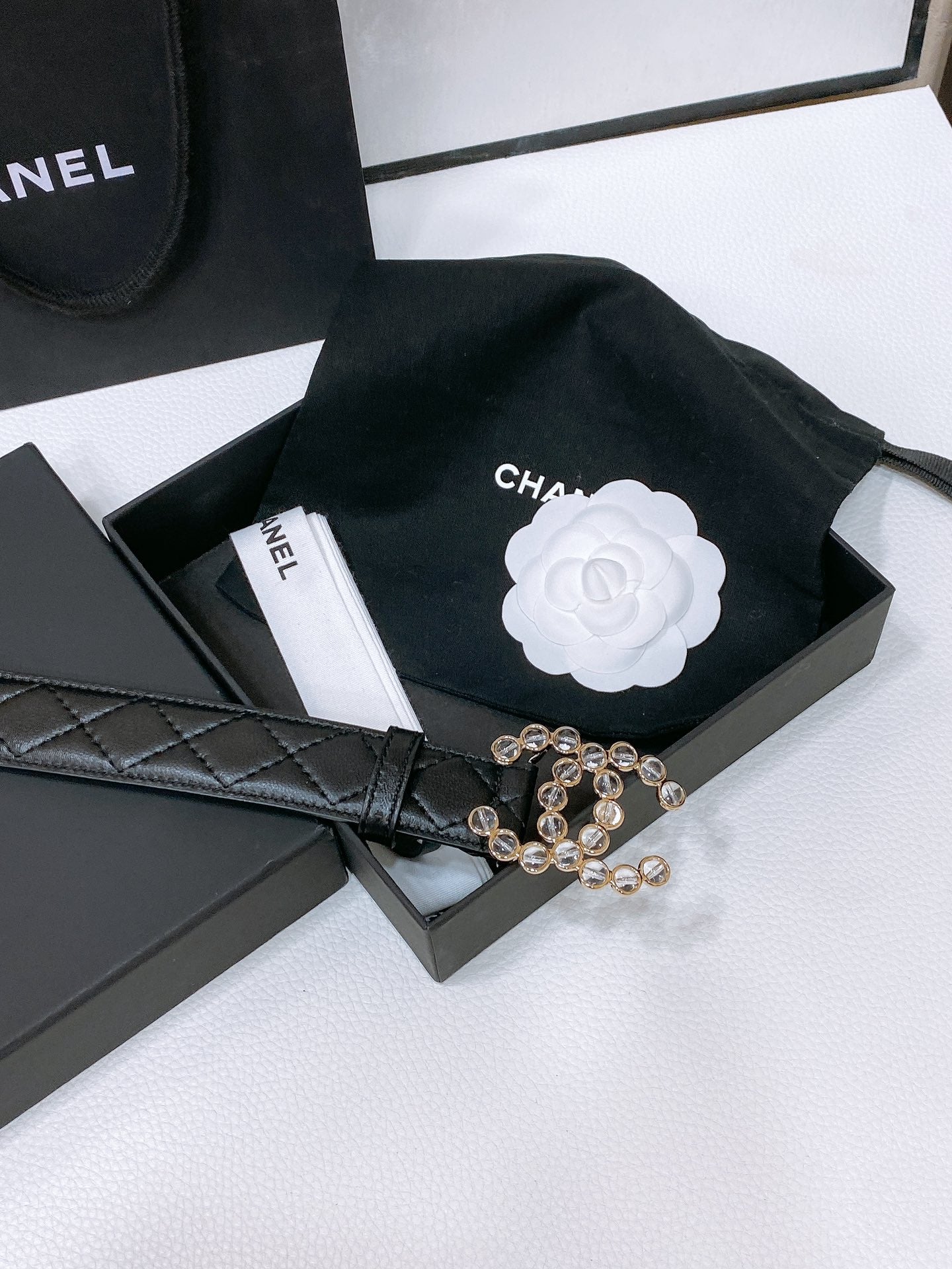 CC BELT 30 MM IN BLACK EMBROIDERED CALFSKIN PEARL LOGO WITH GOLD HARDWARE - 30