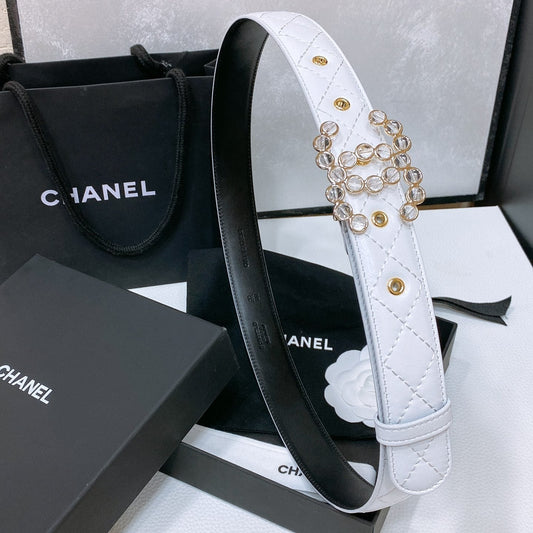 CC BELT 30 MM IN WHITE EMBROIDERED CALFSKIN PEARL LOGO WITH GOLD HARDWARE - 30