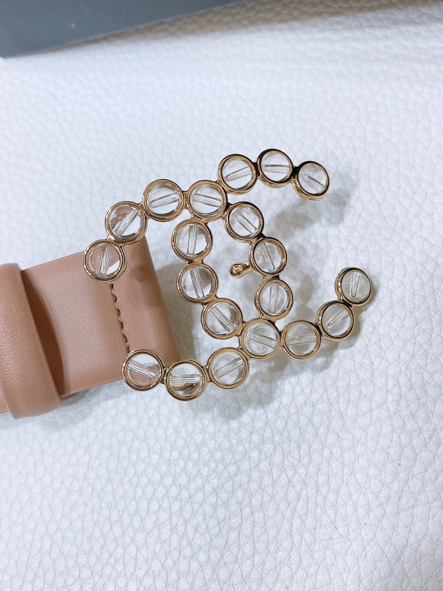 CC BELT 30 MM IN ALMOND BEIGE CALFSKIN PEARL LOGO WITH GOLD HARDWARE - 30