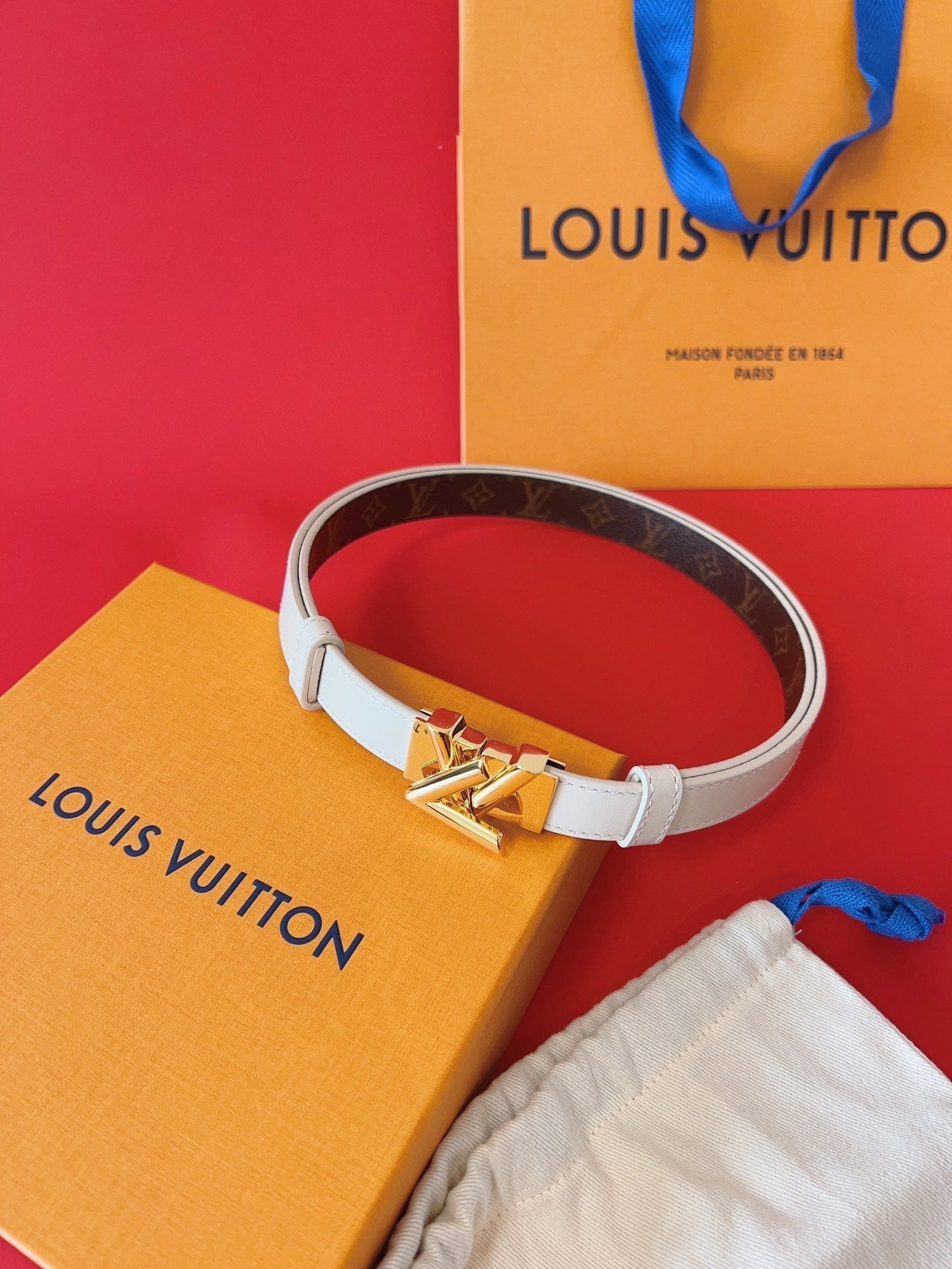 LV GO-14 20MM BELT IN WHITE CALFSKIN GOLD HARDWARE - 30