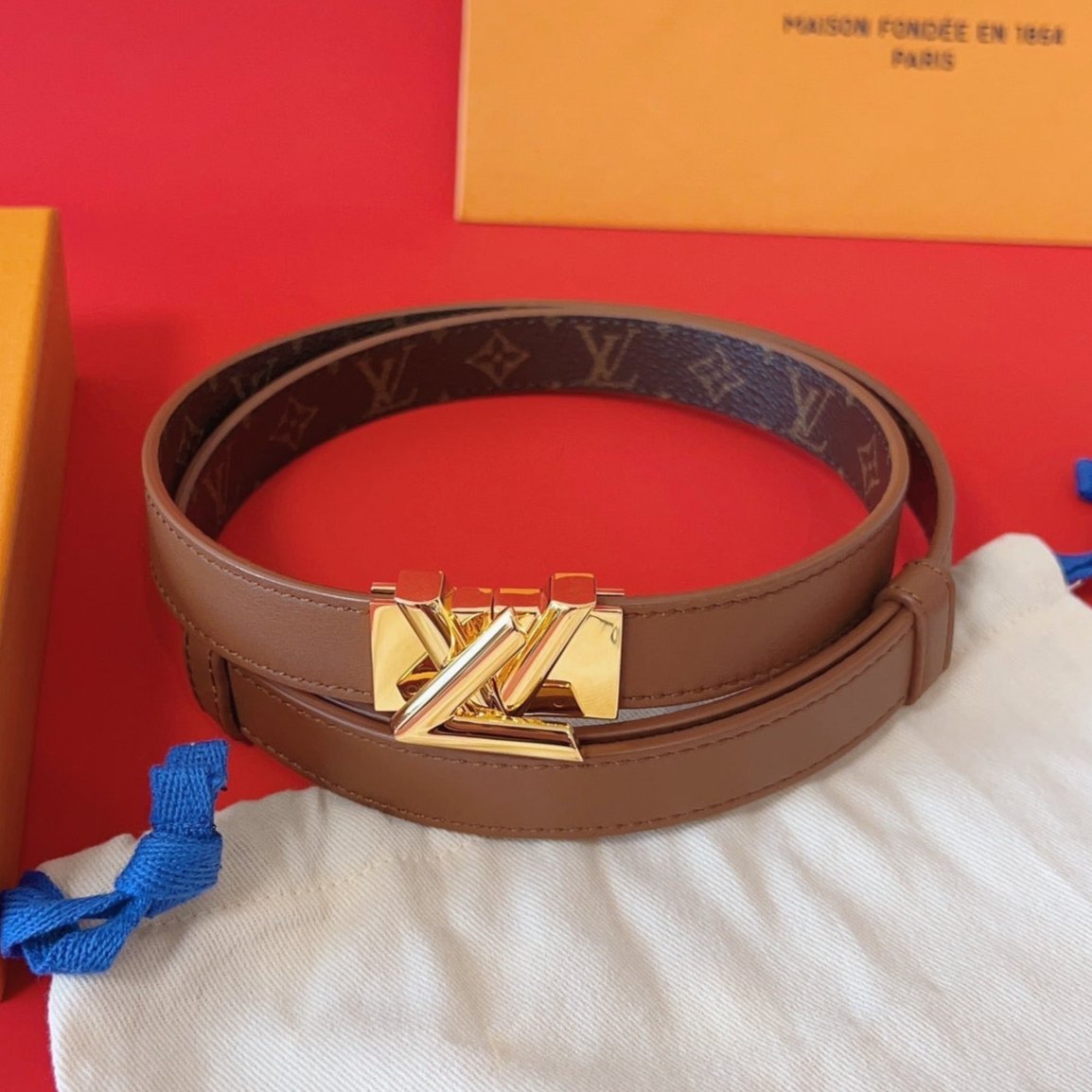 LV GO-14 20MM BELT IN BRONZE BROWN CALFSKIN GOLD HARDWARE - 30