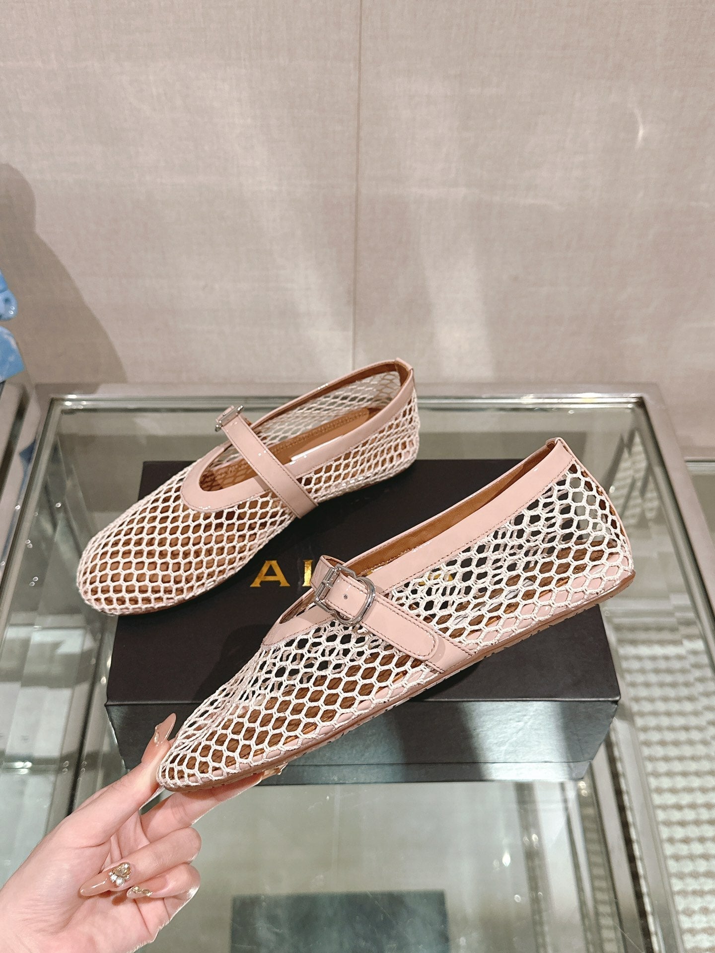 ALAIA BALLET FLATS IN NUDE BEIGE MESH - 35